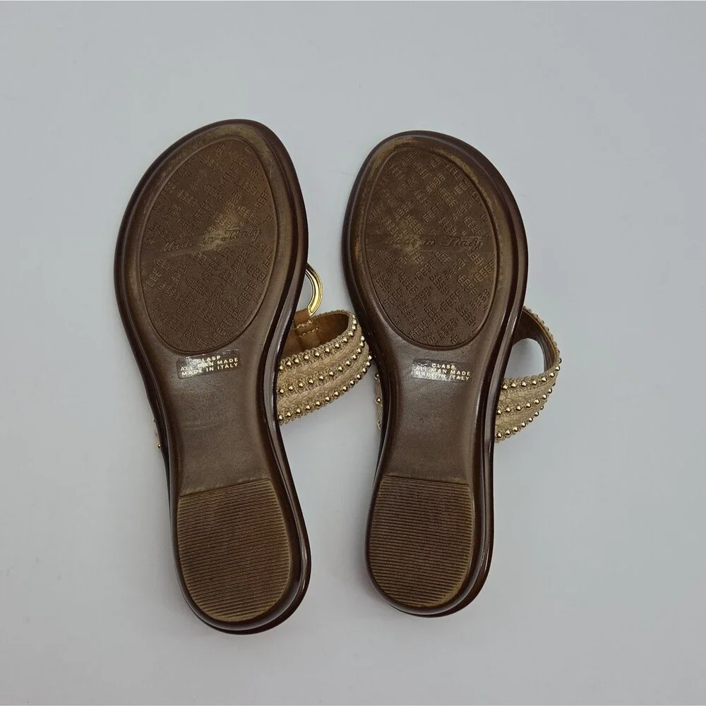 Toscanella Sandal Shoe Thong Flat Women Sz 7.5 Brown Gold Studs Slip-On Woven